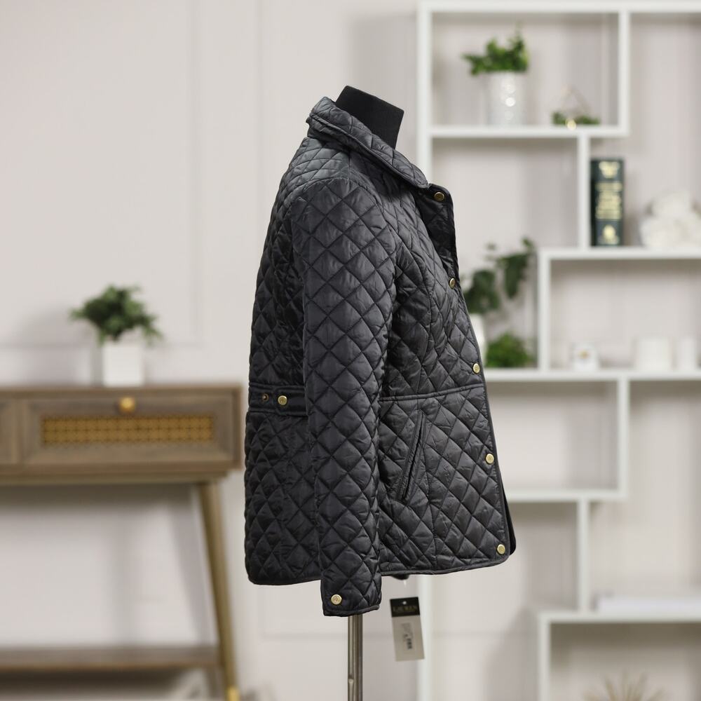 NWT Lauren Ralph Lauren Black Quilted Barn Jacket Gold Snap Equestrian Coat - Picture 5 of 12